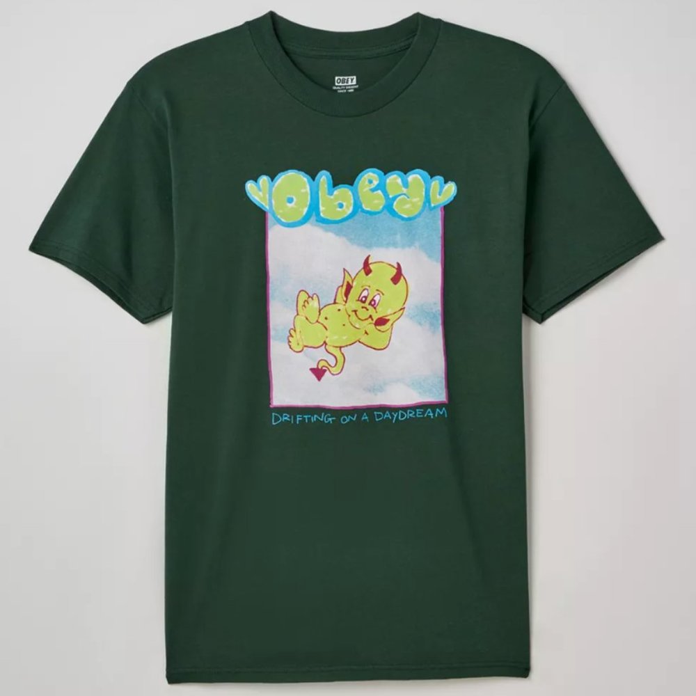 OBEY Drifting on a da Vert 100% Cotton Green Blue Devil Daydream T-Shirt mens L